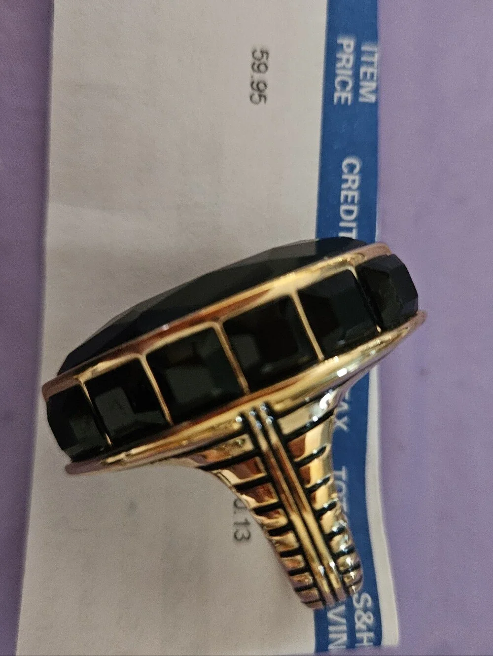 AKKAD Deco DRAMA Black Marquise Statement Ring with Gold-Tone Setting - Picture 3 of 6